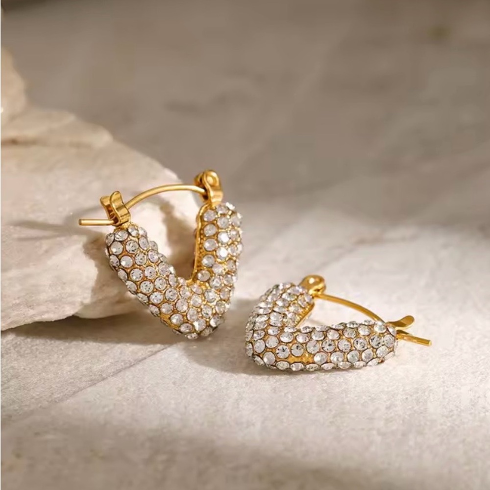 Gold V Shape Zircon Stones Earrings